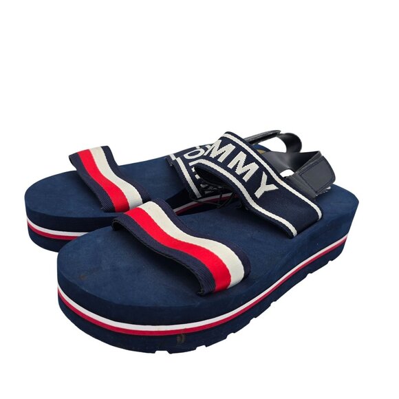 Tommy Hilfiger Womens Navy Platform Sandals Size 8 With Red & White Straps - Picture 1 of 10